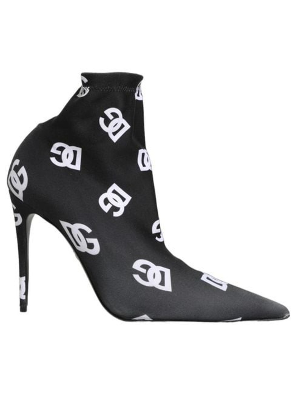 Dolce & Gabbana Black and White Logo-Print Pointed Stiletto Ankle Boot Like New